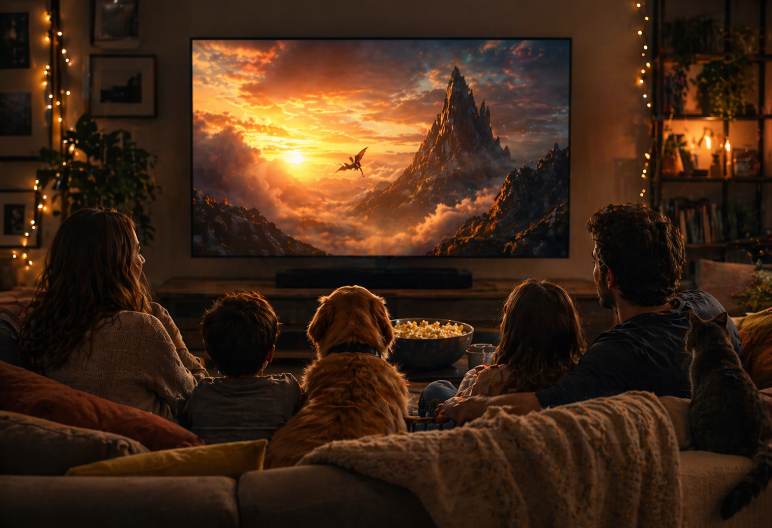 Family watching a premiere at home
